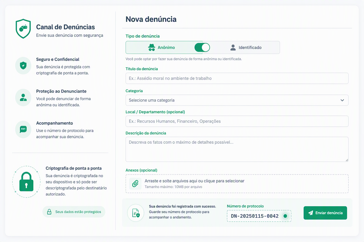Formulário de denúncia anônima com toggle anônimo/identificado, chip de protocolo gerado e cadeado verde